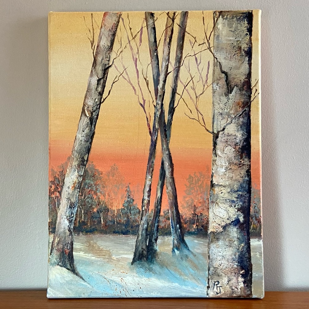 Original Artwork, “Snowy Birch Trees at Sunset”, Acrylic on Canvas, 12x16”